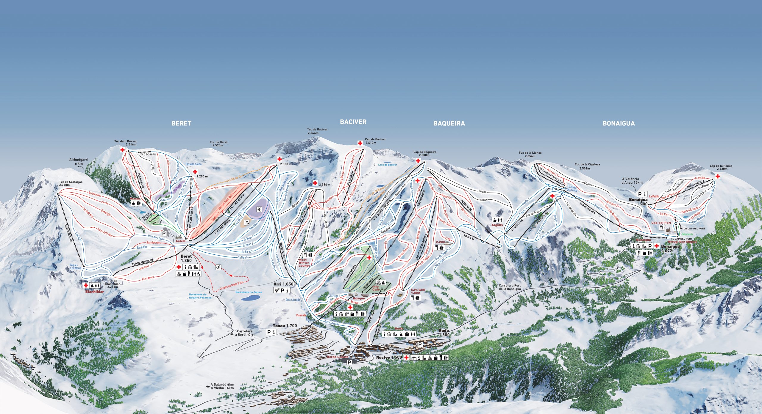 A map depicting the existing slopes in Baqueira Beret. The slopes are colored by their difficulty rating.